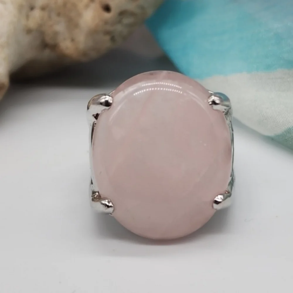 Nature Rose Quartz Silver Ring Healing Genuine Love Protective Crystal